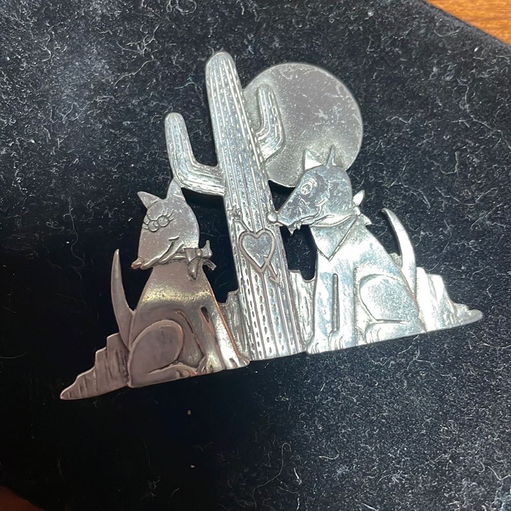 JJ Jonette Cactus and Coyotes in Love Pewter Brooch Southwestern Desert